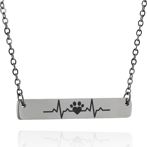 Heart Paw Print w/ Heartbeat Bar Necklace, Stainless Steel Heart Paw Print w/ Heartbeat Bar Necklace, Stainless Steel