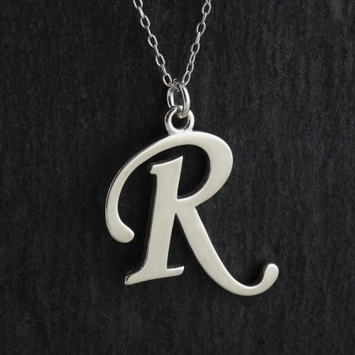 Script Letter R Charm Necklace, Sterling Silver Script Letter R Charm Necklace, Sterling Silver