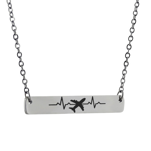 Airplane Heartbeat Bar Necklace, Stainless Steel Airplane Heartbeat Bar Necklace, Stainless Steel