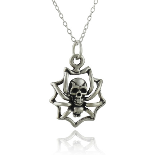 Skull Spider in Web Charm Necklace, Sterling Silver