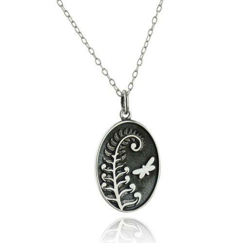 Fern w/ Butterfly Charm Necklace, Sterling Silver Fern w/ Butterfly Charm Necklace, Sterling Silver