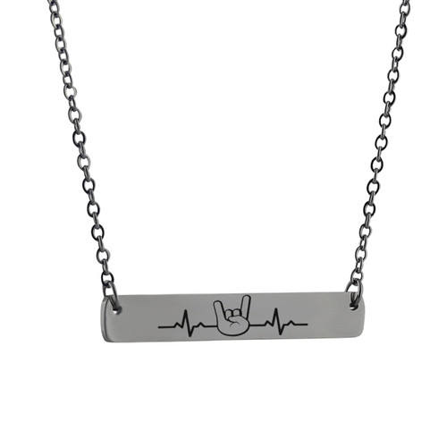 Rock n Roll Horns Hand Gesture Heartbeat Bar Necklace, Stainless Steel