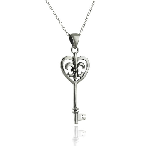 Fleur-de-lis Heart Key Pendant Necklace, Sterling Silver