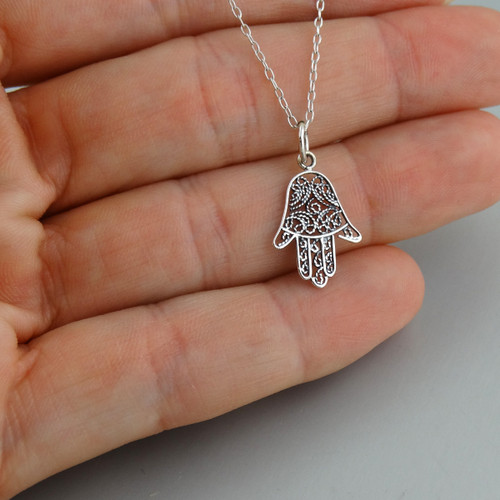 Sterling Silver Openwork Filigree Hamsa Charm Necklace Sterling Silver Openwork Filigree Hamsa Charm Necklace