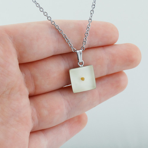Stainless Steel Mustard Seed Charm Necklace - Square, White Stainless Steel Mustard Seed Charm Necklace - Square, White