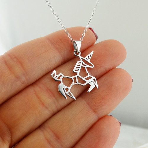 Sterling Silver Unicorn Necklace with Rose Gold Horn and Diamond Eyes