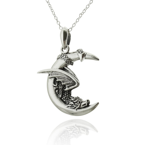 Sterling Silver Dragon on Moon Necklace 18" Chain Sterling Silver Dragon on Moon Necklace 18" Chain