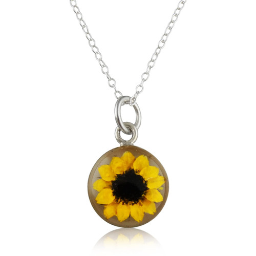 Real Mini Sunflower Charm Pendant Necklace - Sterling Silver, Round, Clear Real Mini Sunflower Charm Pendant Necklace - Sterling Silver, Round, Clear