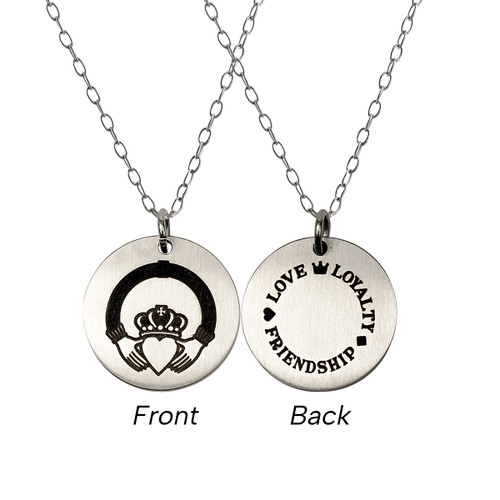 Irish Claddagh Double-Sided Engraved Necklace, Round Stainless Steel