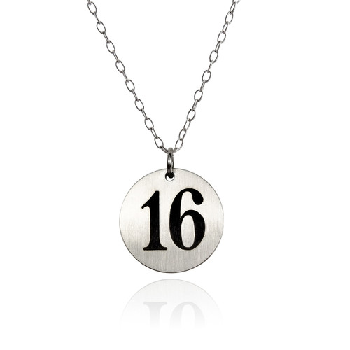 Number 16 Engraved Necklace, Round Stainless Steel Number 16 Engraved Necklace, Round Stainless Steel