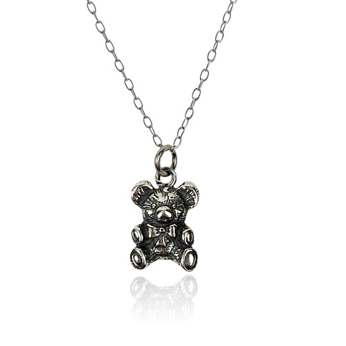 Sterling Silver Teddy Bear Charm Necklace, Antique Finish