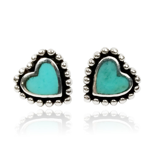 Sterling Silver Granulated Heart Earrings with Synthetic Turquoise