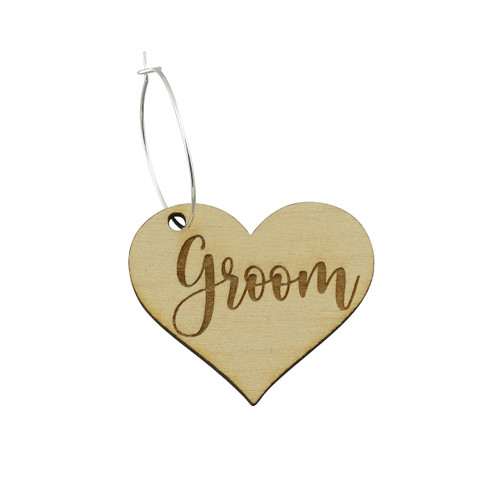 "Groom" Heart Shaped Wedding Wine Glass Charm, Basswood "Groom" Heart Shaped Wedding Wine Glass Charm, Basswood