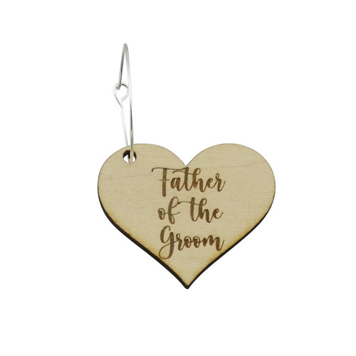 "Father of the Groom" Heart Shaped Wedding Wine Glass Charm, Basswood