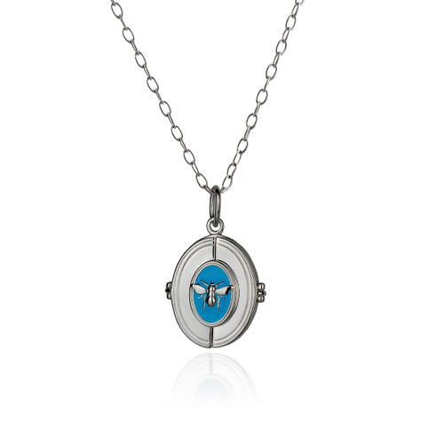 Sterling Silver Bee Locket with Blue Enamel, 18" Chain Sterling Silver Bee Locket with Blue Enamel, 18" Chain