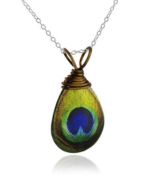 Peacock Feather Eye Ocelli Teardrop Pendant Statement Necklace