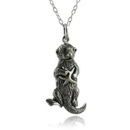 Sea Otter w/ Starfish Charm Necklace - Sterling Silver