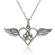 Paw Print in Heart w/ Wings Charm Necklace - Sterling Silver