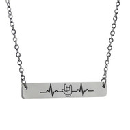 I Love You Sign w/ Heartbeat Bar Necklace, Stainless Steel ASL