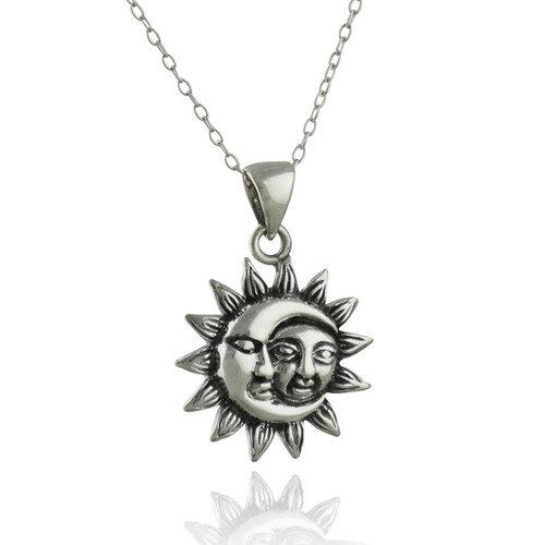 Moon and Sun Face Pendant Necklace, Sterling Silver - FashionJunkie4Life