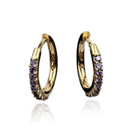 Gold Plated Sterling Silver Huggie Hoop Earrings with Amethyst Nano-gems, Hinge Clasps