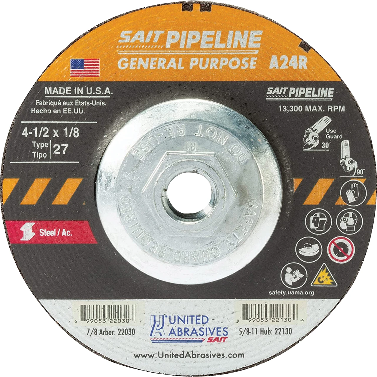 United Abrasives SAIT A24R-BF 4-1/2 Type 27 Grinding Wheel 5/8 Arbor United Abrasives SAIT A24R-BF 4-1/2 Type 27 Grinding Wheel 5/8 Arbor