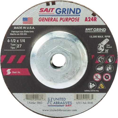 United Abrasives SAIT - 4-1/2" X 1/4" X 5/8-11" Type 27 A24R Grinding Wheel - ABR20163
