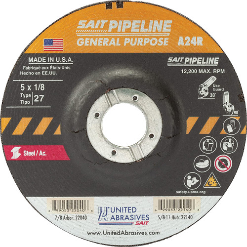 United Abrasives SAIT - 5" X 1/8" X 7/8" Type 27 A24R Pipeline Grinding Wheel - ABR22040