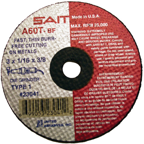 United Abrasives SAIT - 3" X 1/16" X 3/8" Type 1/41 A60T Cutting Wheel - ABR23041