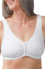Amoena Fleur front-closure cotton mastectomy bra with adjustable straps and bilateral pockets.