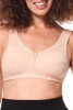 Front view of the Leslie wire-free post-mastectomy bra in Sand color, showing the structured micro-massage fabric, wide underbust band, and deep cups designed for full figures.