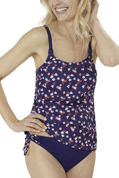 Pocketed Amoena Elba Tankini Top for mastectomy with a navy, pink  and white pattern.