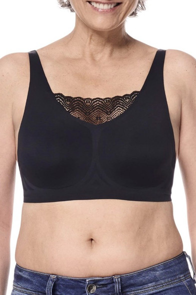 Amoena Esra wire-free mastectomy bra in black, showcasing the seamless cup design and high lace insert for discreet post-op coverage