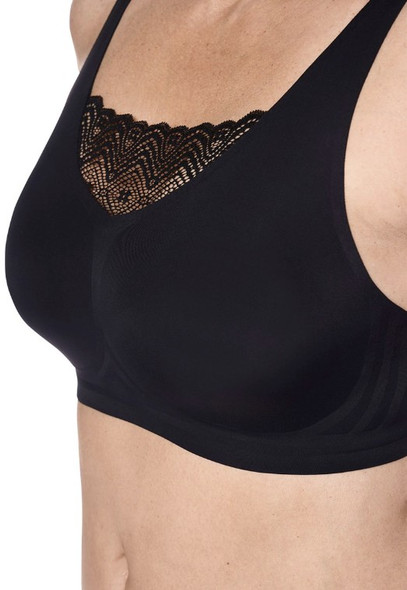 Side profile of the Amoena Esra pocketed bra, showing the wide side panels and invisible bilateral pockets for secure breast form placement