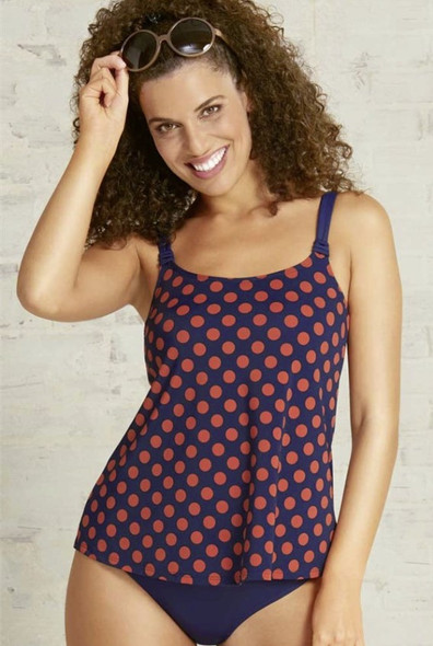 Amoena Alabama Pocketed Mastectomy Tankini Top – navy A-line tankini for breast cancer survivors.