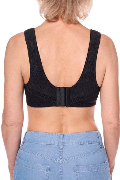 Back view of the Leslie wire-free post-mastectomy bra in Black color, showing the structured micro-massage fabric  and wide underbust band.