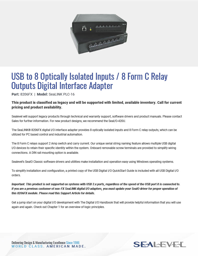 Falltech 8206 Datasheet: 8206FX - Sealevel Systems, Inc
