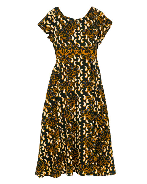 Flare V-Neck Dress - Dancing Lotus on Black