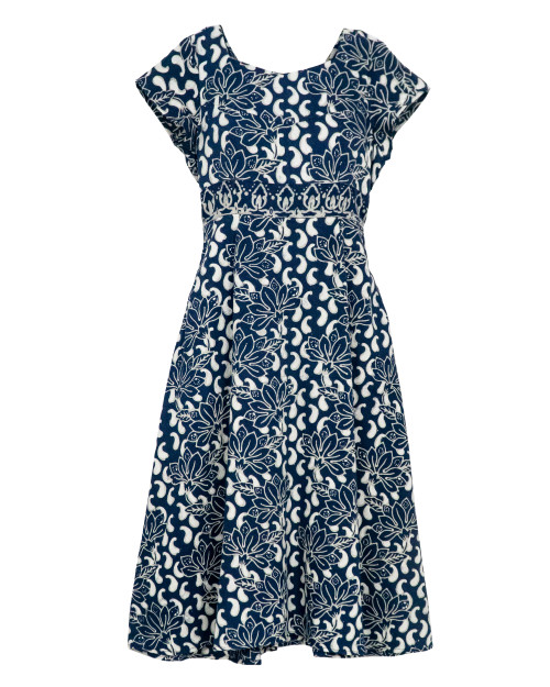 Flare V-Neck Dress - Dancing Lotus on Navy