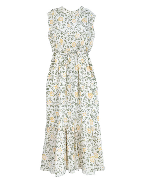 Gather Hem Dress - Flowery Green on White