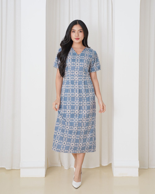 Puff Sleeve Dress - Gringsing Star in Blue