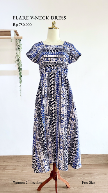 Flare V-Neck Dress - Blue x Black Stripes