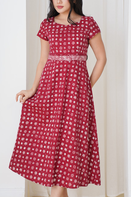 Flare V-Neck Dress - Red Truntum