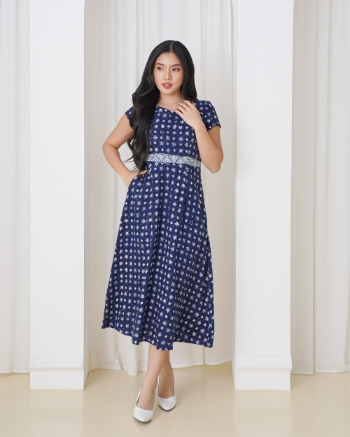 Flare V-Neck Dress - Navy Truntum