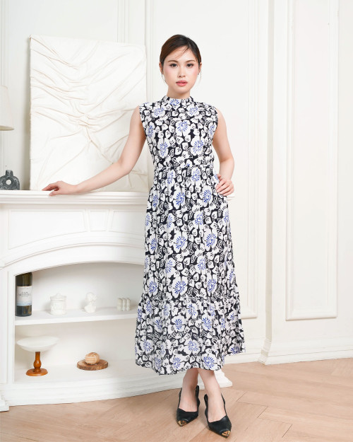 Gather Hem Dress - Blue Hibiscus on Black