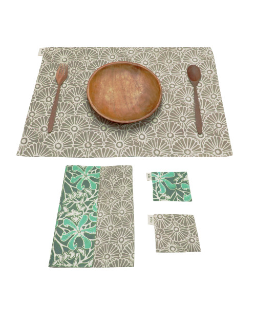 Placemats & Coasters Set (2 Sets) - Green Cempaka x Grey