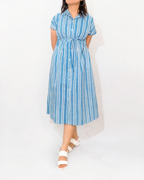 Open Collar Dress - Blue x White Stripes