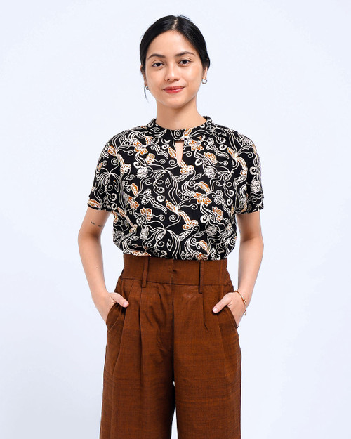 High Neck Blouse - Golden Buds on Black