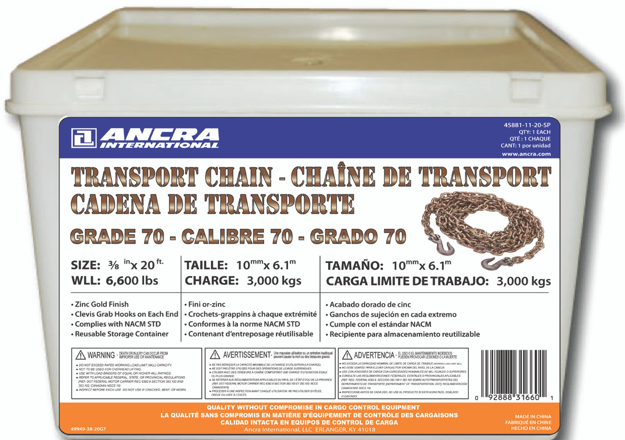 Grade 70 3/8″ x 20′ Chain w/Clevis Hooks Pail