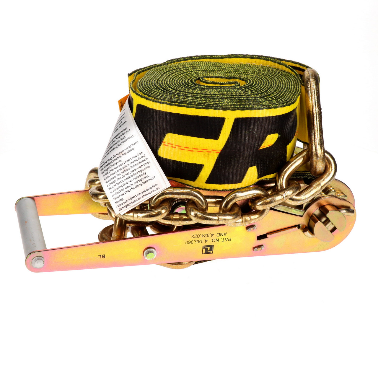3″ x 30’ Ratchet Strap w/Chain Anchors & Long/Wide Handle